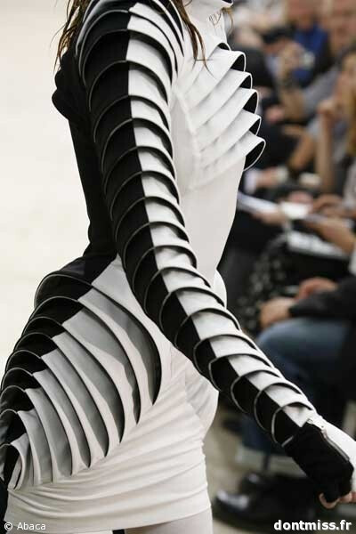 Sculptural Fashion - futuristic monochrome dress with layered 3D surface construction; experimental fashion design // Gareth Pugh