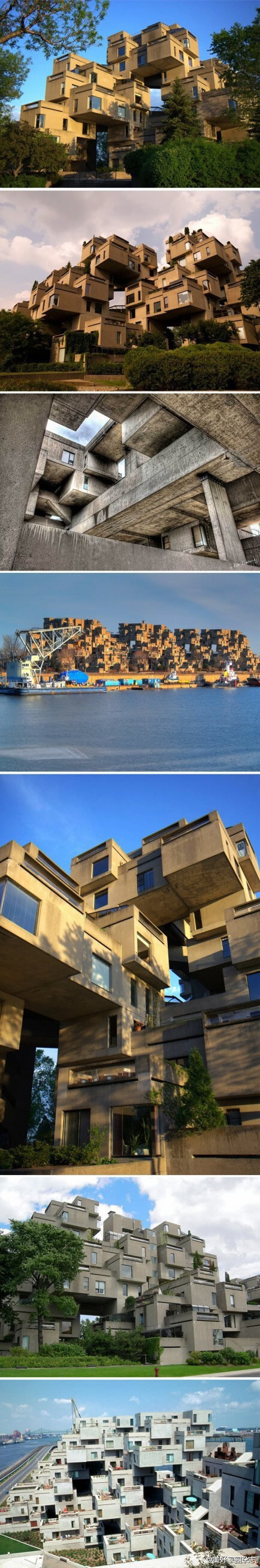 【364个立方体堆积出来的房子】Habitat 67是一座位于加拿大蒙特利尔圣罗伦斯河畔的一个住宅小区，加拿大建筑师萨夫迪Moshe Safdie是这座建筑的总设计师。将每一盒子式的住宅单元都设定为统一的模块，再像集装箱那样以参差错落的形式堆积起来，做到形散神不散。