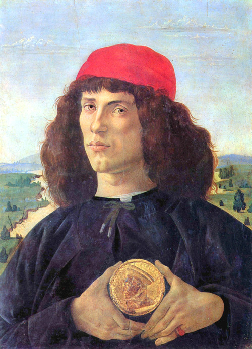 持勛章的人 Portrait of a Man with the Medal of Cosimo the Elder作 者：波提且利 Botticelli Sandro館 藏 處：義大利佛羅倫斯市烏菲茲美術(shù)館 Galleria degli Uffizi in Florence 儘管人們曾多次企圖辨識出畫中的年輕人，但他的名字仍然無人知曉。 有人說他是當(dāng)時一位主要的新柏拉圖派的哲學(xué)家，也就是麥第奇家族的座上客皮科．德拉．米蘭多拉；也有人說他是波提且利的一位哥哥；甚至有可能是麥第奇家族的一名成員。 因為年輕人手裡拿著的勛章，說明了他和麥第奇家族的關(guān)係，那枚勛章幾乎和模特兒的臉，共同形成這幅畫