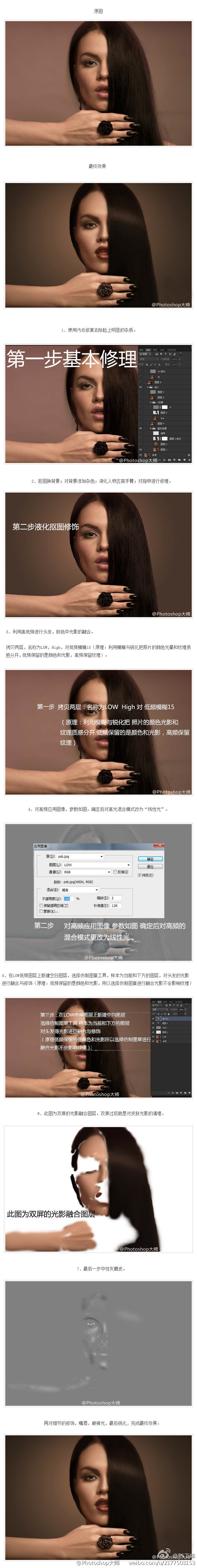 【Photoshop商业人物的精细磨皮及光影融合处理方法】精度要求不是很高的话，光影部分直接用加深，减淡工具来处理。如果要求颜色等不失真的话，就需要用到高低频方法把肤色的光影及颜色部分放在单独一个图层，纹理细节放在一个图层，这样加深或涂亮后纹理没有任何影响。