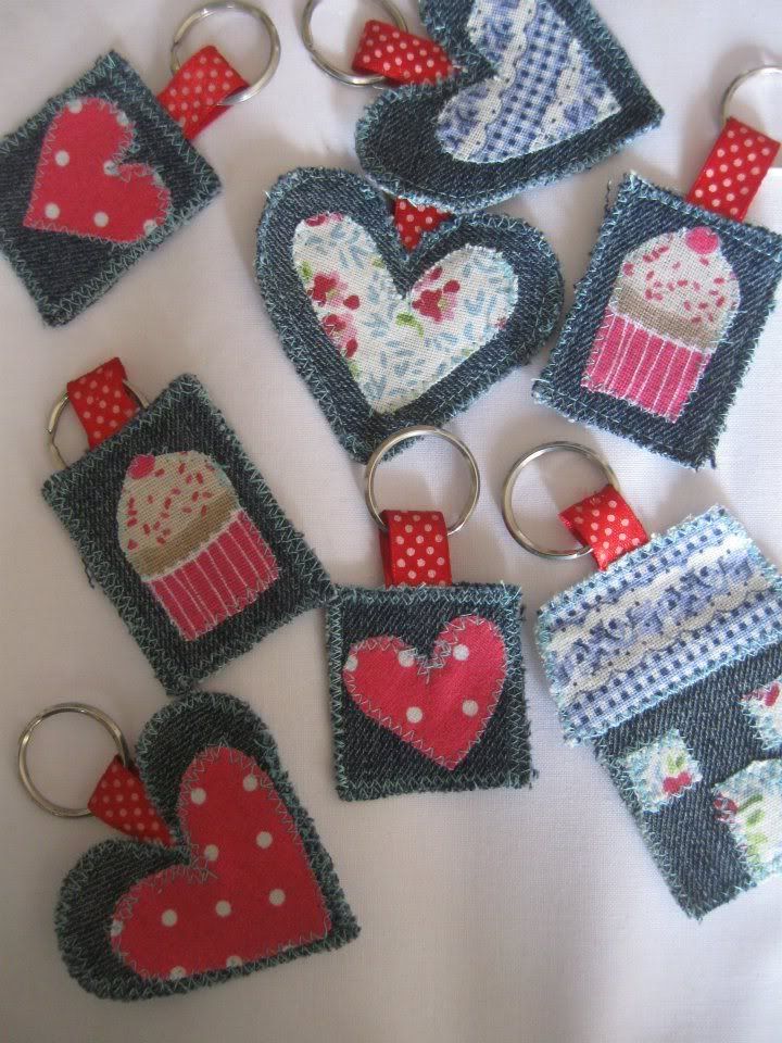 Scrap denim and fabric scrap keychains, could be made from felt.