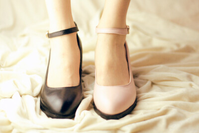 真头层牛皮vintage脚腕带粗跟温婉约气质公主娃娃鞋黑色粉色入