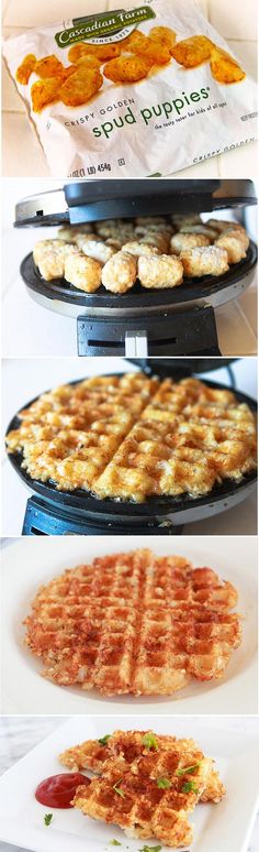 Ridiculously clever - take a frozen bag of tater tots and turn them into waffle iron hash browns in minutes