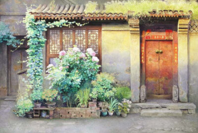 记忆中的老北京。幽幽小巷，深深情味。丨来自画家黄有维水彩作品