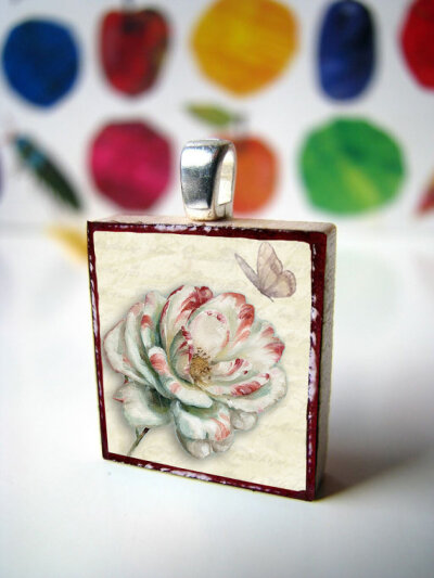 Scrabble tile pendant, Butterfly rose/ beige, Scrabble piece charm/Scrabble tile jewelry necklace in hand painted gift box