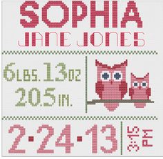 Customized Cross Stitch for Baby - Pattern - Owls