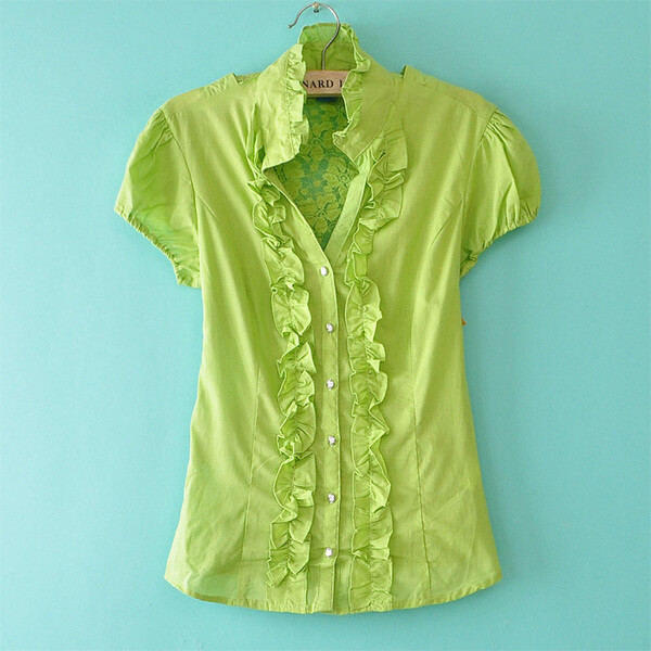 T463外贸原单 日系公主木耳边蕾丝钻石扣短袖衬衣 衬衫4色