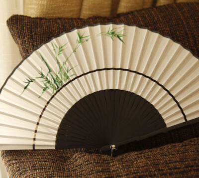 【日式和风】江户日本 和服扇子竹柄折扇 双截手绘 素雅灰面 绿竹