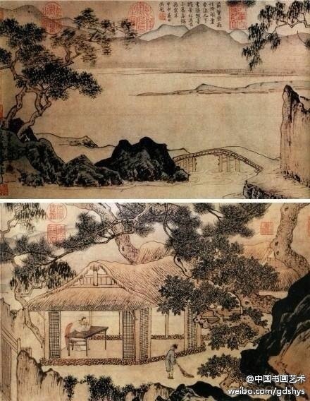 【 明 周臣《春泉小隐图》 】此幅是为裴春泉绘其隐居小憩的情景。松石下荫茅堂，一人在堂中伏几假寐，又有一童洒扫堂外。门前一弯小桥，流水与湖水相接。小桥对岸山石、两棵探向泉水的婆娑之树和茅屋边的垂柳、苍松遥相呼应，情态各具。远山用淡墨晕染，和前景重墨形成对比，富有变化和秩序感。