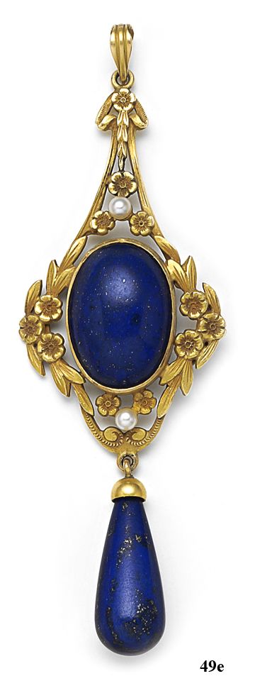 Lapis lazuli, natural pearl, and gold pendant