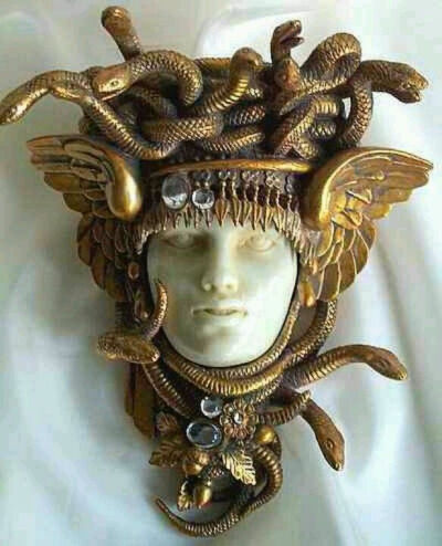 Head of the Gorgon Medusa, Late 19th Century Czechoslovakian brooch, gold, jasper, and crystal.