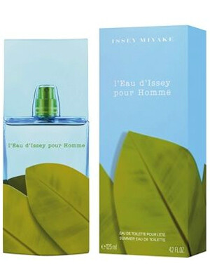 三宅一生 绿色夏日颂，第二款为男香L'Eau d'Issey Pour Homme Eau de Toilette Pour L'Ete 2012 前调：柑橘、柚子 中调：小豆蔻、鼠尾草 尾调：龙涎香、香根草 这款男香原版的味道中包含了小豆蔻的辛辣、龙涎香的温暖以及木质调香根草的美好，新的香水中依然保持了这种风格。