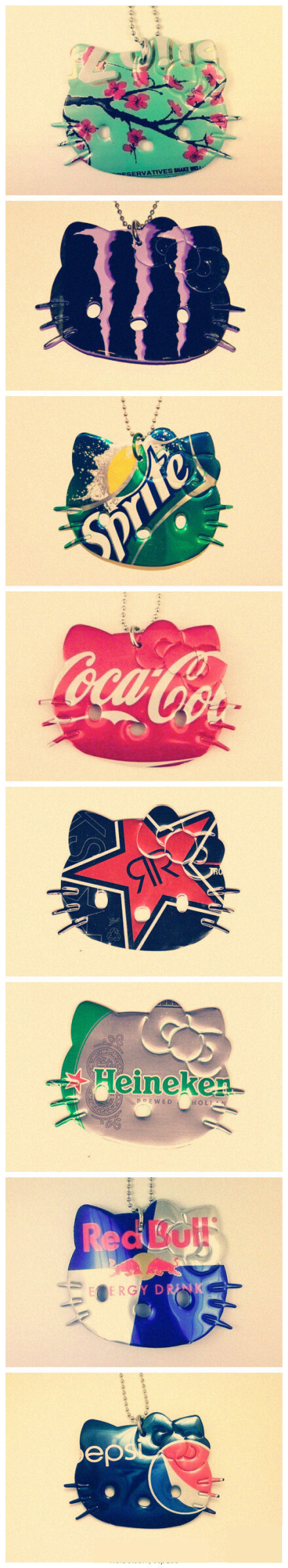 【DIY饮料罐Kitty-Soda Can Kitty】christine esposito用各种废弃的饮料罐制成的Kitty吊坠，不仅废物利用还可以创收，非常有想法。