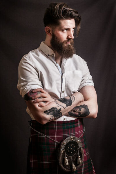 David Anthony - beautiful man in a kilt - full thick dark beard and mustache beards bearded man men mens' style kilts tartan plaid tattoos tattooed handsome #greatscots #beardsforever