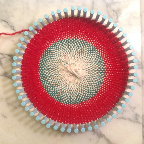 Circular weaving experiment by Phyllis Clem using a round knitting loom. I'm very pleased with how this turned out and how easy it was. Planning on more experiments soon!