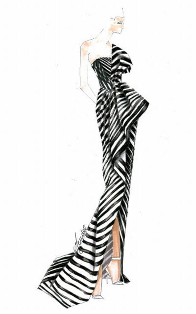 Here is a sketch of the gorgeous one-shoulder black and white striped floor-length J. Mendel gown supermodel Chanel Iman wore to attend the 2013 Met Gala. #Chanel Iman #J. Mendel #2013 Met Gala #Red C…