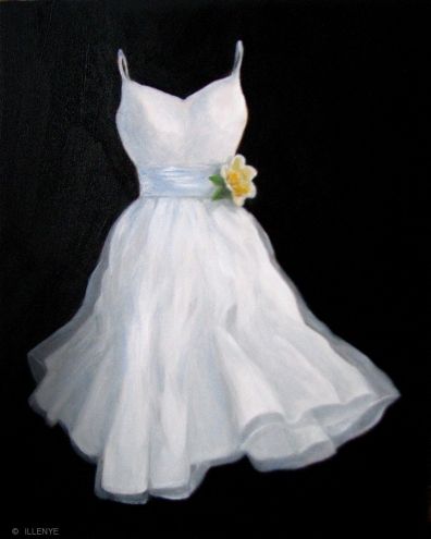 white dress satin chiffon whtie peony baby blue satin sash 10x8 inches cocktail dress, painting by artist JEANNE ILLENYE