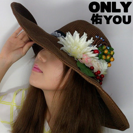 only佑you手工装饰 优雅浆果花朵 森女系田园风复古 超大檐草帽