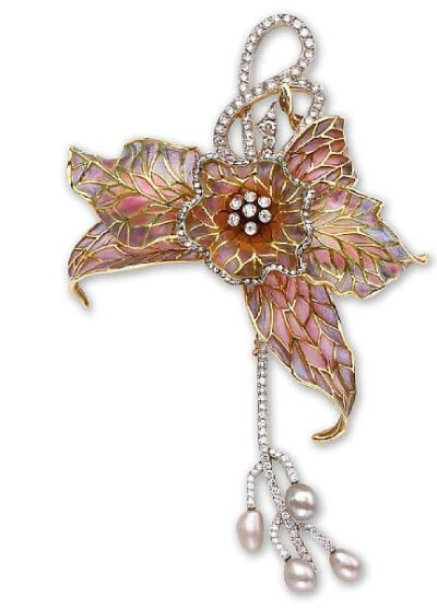 An enamel, cultured pearl and diamond flower brooch in the form of an orchid with plique-à-jour pink and purple enamel petals, with a round brilliant-cut diamond cluster center and a scrolling stem te…