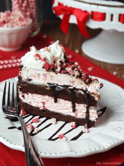Peppermint Brownie Ice Cream Cake (no recipe, brownie mix, peppermint ice cream and hot fudge sauce) added peppermint sprinkles.