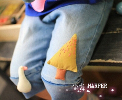 现货HARPER韩国童装2014春夏新品牛仔裤卡通公仔儿童五分裤中裤