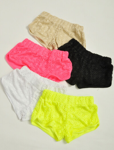 欧美休闲运动裤荧光色蕾丝镂空短裤热裤家居裤沙滩裤女大码HD