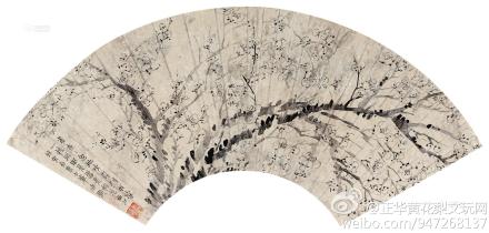 墨梅图 镜片 水墨纸本】作者:金农（1687-1763），字寿门，钱塘人，布衣终身。好游历，卒无所遇而归。嗜奇好学，工于诗文书法，诗文古奥奇特，并精于鉴别。书法创扁笔书体,兼有楷、隶体势,时称“漆书”。五十三岁后才工画。其画造型奇古，善用淡墨干笔作花卉小品，尤工画梅。拍卖成交价RMB 1,090,200