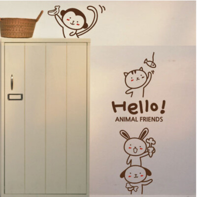 animal friends 卡通猴子兔子猫狗动物儿童房背景墙贴纸 雅风墙贴