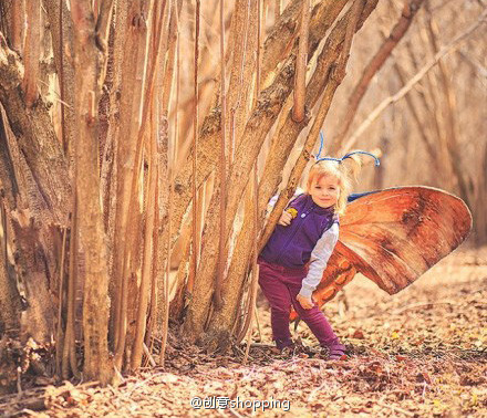 来自俄罗斯的摄影师，给自己可爱的女儿做了两对蝴蝶翅膀，小姑娘穿上以后，就像一只穿梭在森林里的小精灵。太可爱了！转