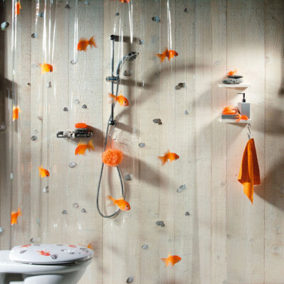 瑞士设计欧洲品牌 spirella 金鱼戏石透明PVC防水浴帘金属扣包邮