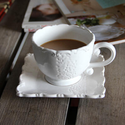zakka欧式杂货家居用品浮雕单耳陶瓷咖啡杯碟套装法式餐具红茶杯