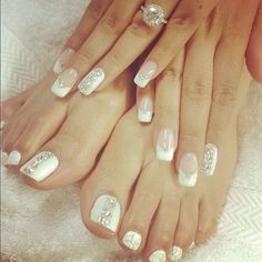 Pedi and Mani #bridal #french #rhinestone studs #french #bridal #wedding #pink and white #elegant #versatile #nail design #nail #nails #nailart #unha #unhas #unhasdecoradas