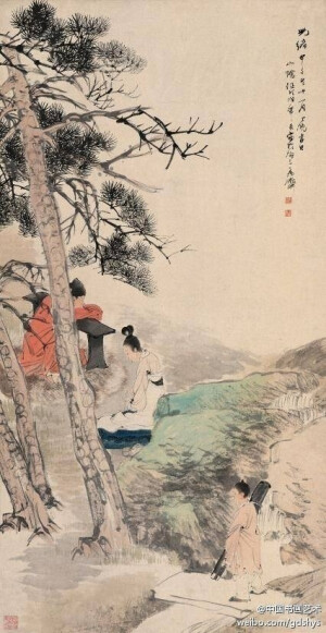 【 清 任伯年《松下闻箫】 1894 年作。高105cm，宽54cm。中国美术馆藏。