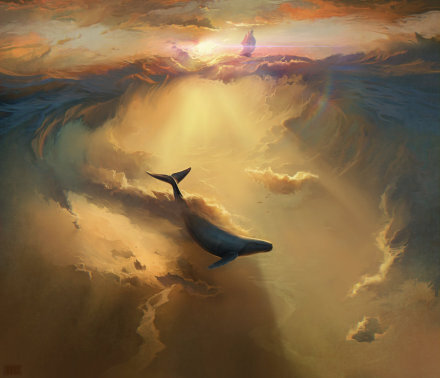 鲸鱼在天空里游荡，猫头鹰带着火焰的光，水母如花绽放，神仙在云间摆渡希望，好赞的画！