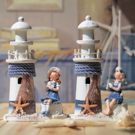 地中海风格木制作旧男女孩灯塔摆件 家居装饰品 摆设 生日礼物