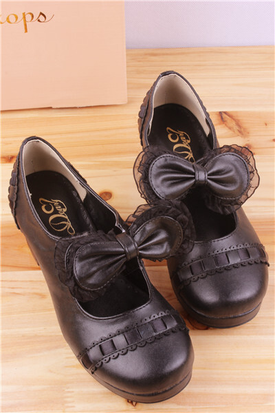 日本外贸原单日系蕾丝蝴蝶结圆头花朵森林系粗跟女鞋森女公主单鞋