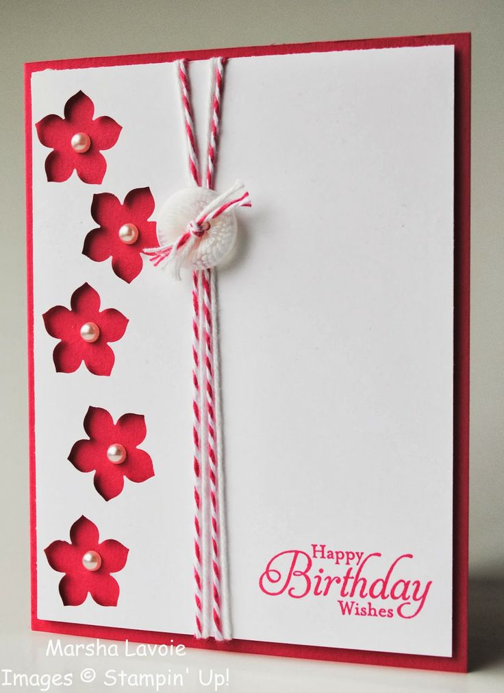 handmade birthday card Stamping with Marsha: Petite Petals ... red and white ... main panel with column of negative space punched flowers ... like the pearl flower centers placed on the main card ...bakers twine and a button ... Stampin'Up!