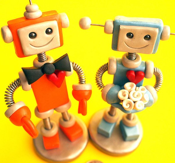 Robot Wedding Cake Topper Orange Blue