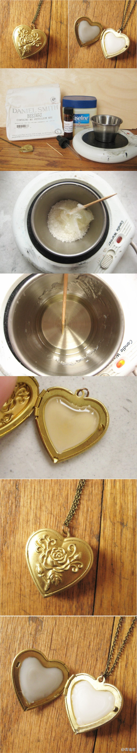 【Perfume Filled Locket】香膏制作。大多香水用甜杏仁油、荷荷葩油或维他命E油代替凡士林，不过这是当做项链室温佩戴，所以作者取代了油的成分，而是将1汤匙蜂蜡和1/2汤匙凡士林加热融化，再加入几滴精油，直到满意那个气味，之后注入心形小盒子里，稳定它等待凝固，一次用不完剩下的还可以做点别的哦~