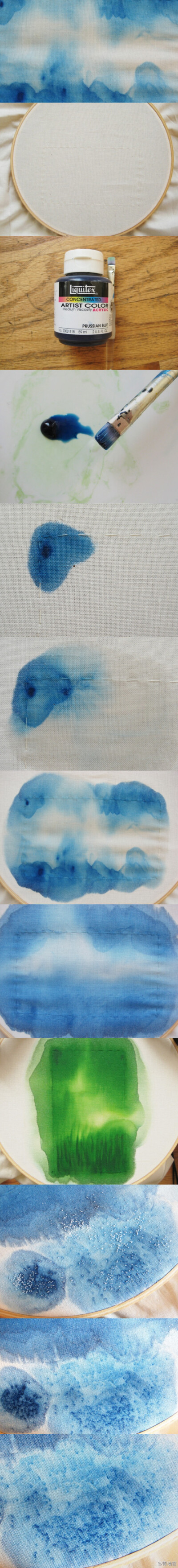 【watercolor style fabric】创作水彩画风的布料，不过作者Kris说这是用得丙烯，不是水彩，因为丙烯保持时间更长。方法大概就是加水调和后涂到布上，再用水晕染，一次次使之有水彩画的效果。最后三张（绿图以下）倒…