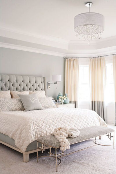 gray, white, and tan bedroom. Great two tone curtains and upholstered headboard! Love the softness of the neutral colors