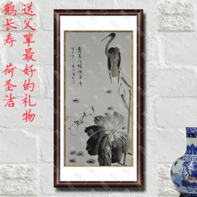 玄关画中式挂画 书房有框风景画玄关油画竖版 玄关装饰画单幅竖画