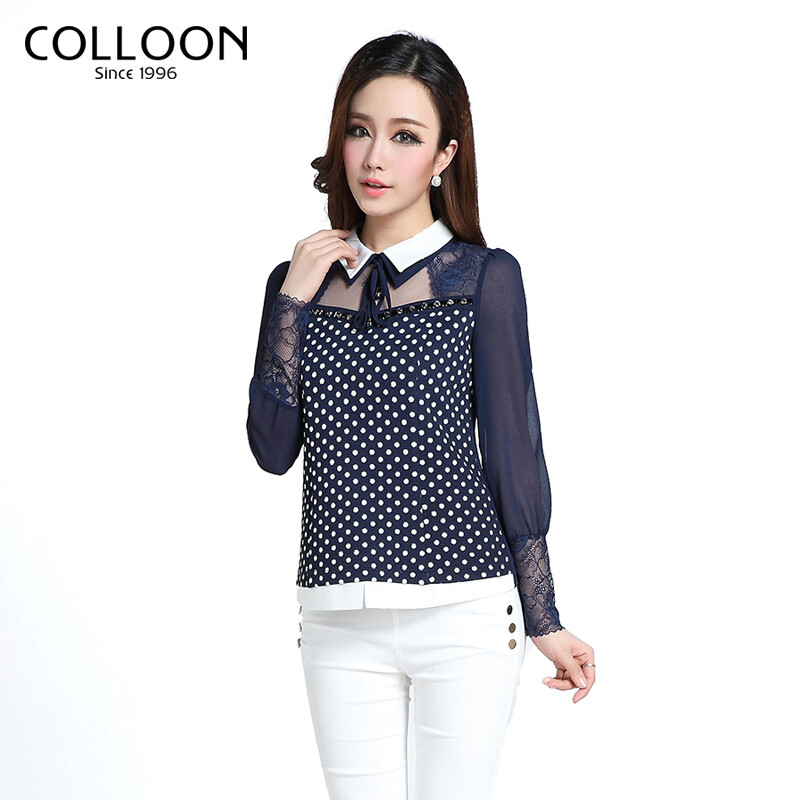 COLLOON/蔻玲2014夏新款女装雪纺衫蕾丝长袖POLO领上衣C88BD1158