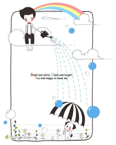 坐在云朵上浇水的女孩和打伞的小狗简笔画