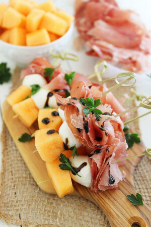 Melon, Proscuitto and Mozzarella Skewers