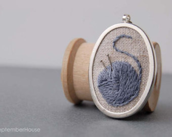 Handmade Necklace, Embroidered Itty Knitty Gray Ball of Yarn with miniature knitting needles