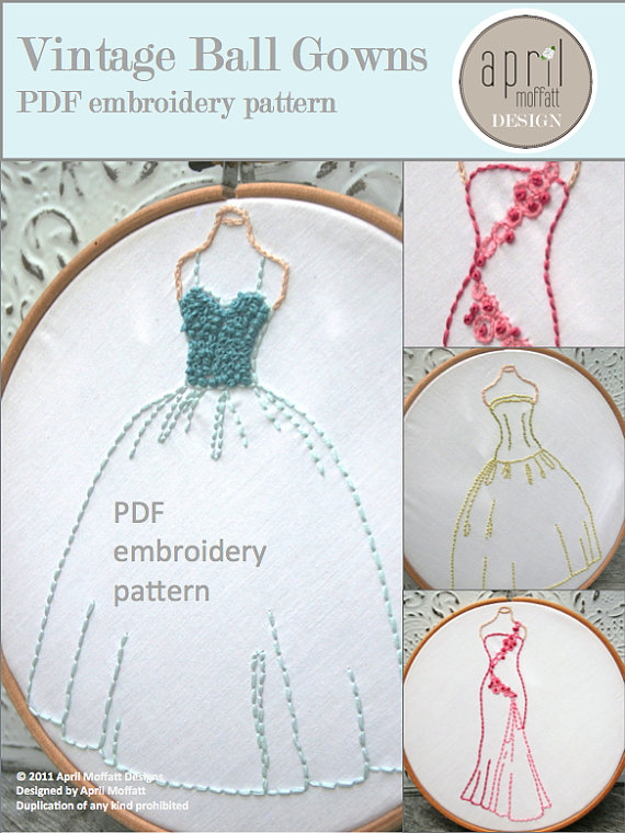 PDF Hand Embroidery Pattern - Vintage Ball Gowns Set Dresses - 7&amp;quot; tall