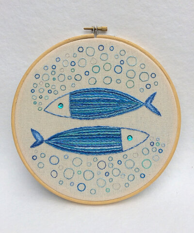 Hand Embroidery Hoop Wall Art &amp;quot;Fishy or Double Bubbles&amp;quot;- hand embroidered wall hanging 8.2&amp;quot;