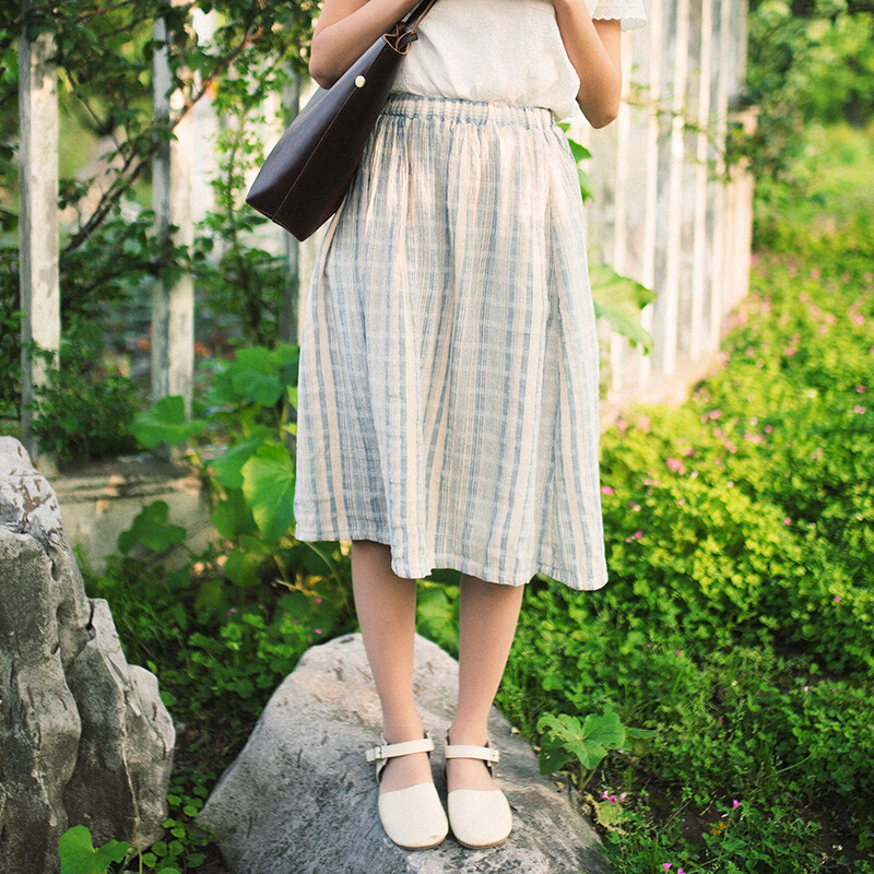 空气猫|夏季新款 森系森女复古 纯棉竖条纹松紧腰半身裙长裙