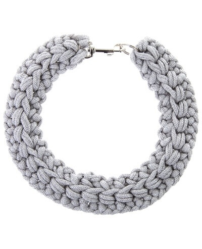 Silver crochet rope collar from Kapow Wow!. This coller fastens with a dog clip at the back of the neck.